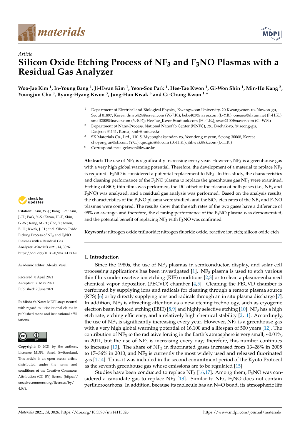 Silicon Oxide Etching Process of NF3 and F3NO Plasmas with a Residual Gas Analyzer