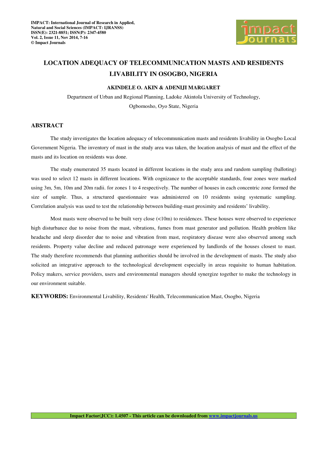 Location Adequacy of Telecommunication Masts and Residents Livability in Osogbo, Nigeria