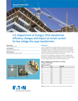 DOE 2016 Transformers Energy Efficiency Changes Impact on Inrush