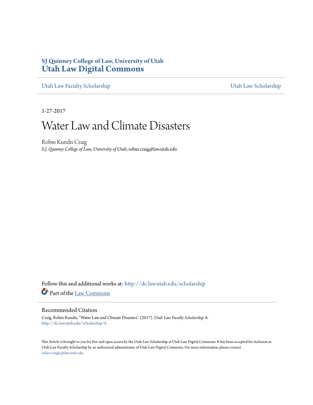 Water Law and Climate Disasters Robin Kundis Craig S.J