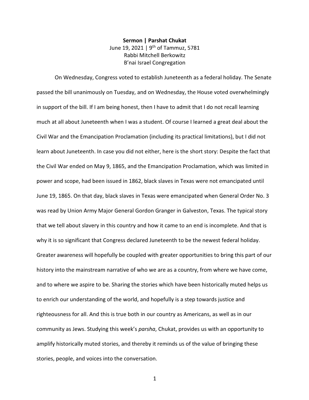 1 Sermon | Parshat Chukat June 19, 2021 | 9Th of Tammuz, 5781 Rabbi Mitchell Berkowitz B'nai Israel Congregation on Wednesday