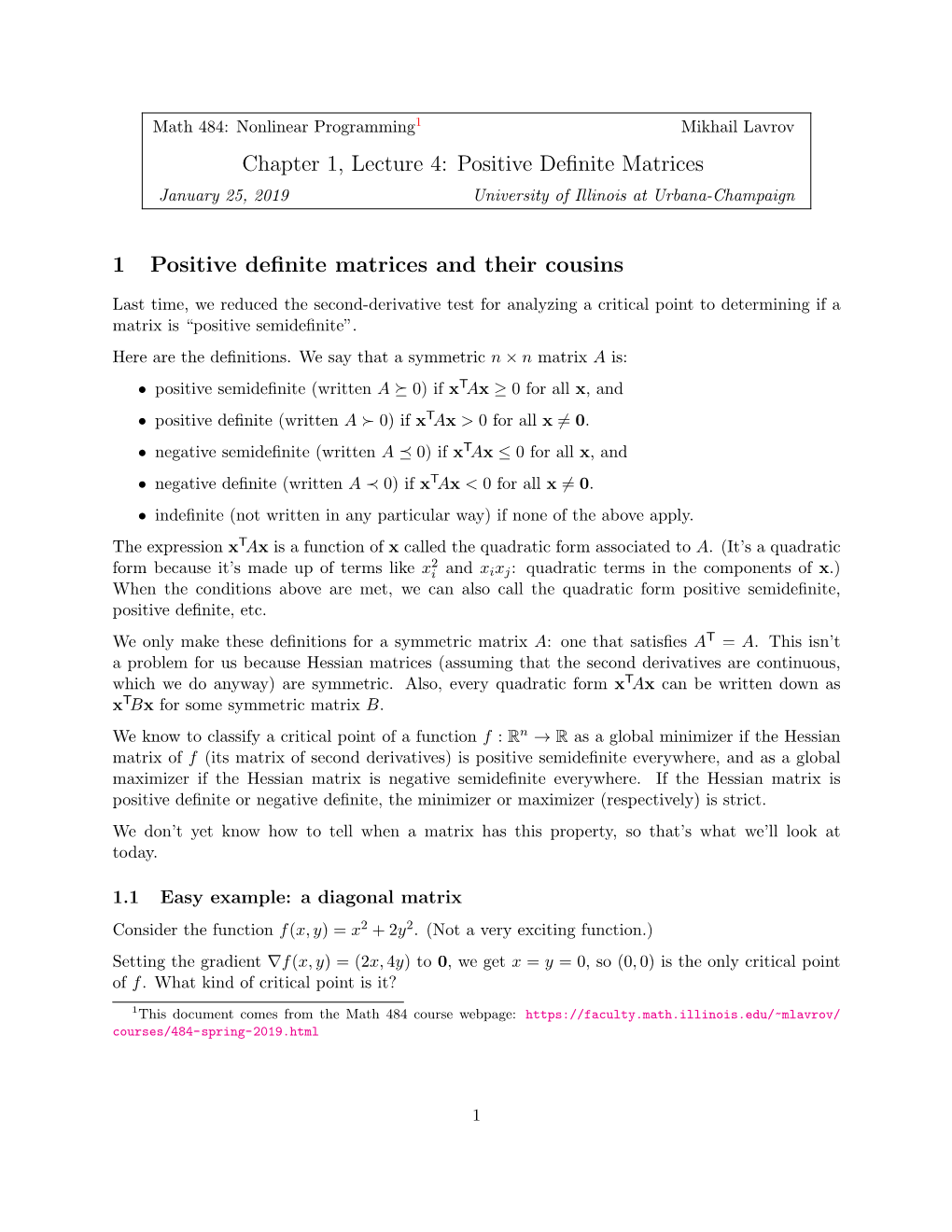 Chapter 1, Lecture 4: Positive Definite Matrices