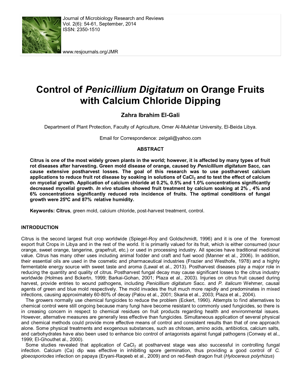 Control of Penicillium Digitatum on Orange Fruits with Calcium Chloride Dipping