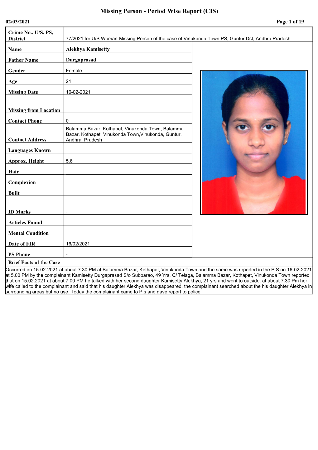 Missing Person - Period Wise Report (CIS) 02/03/2021 Page 1 of 19