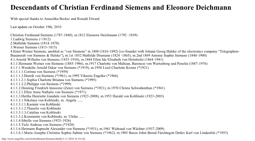 Descendants of Christian Ferdinand Siemens and Eleonore Deichmann