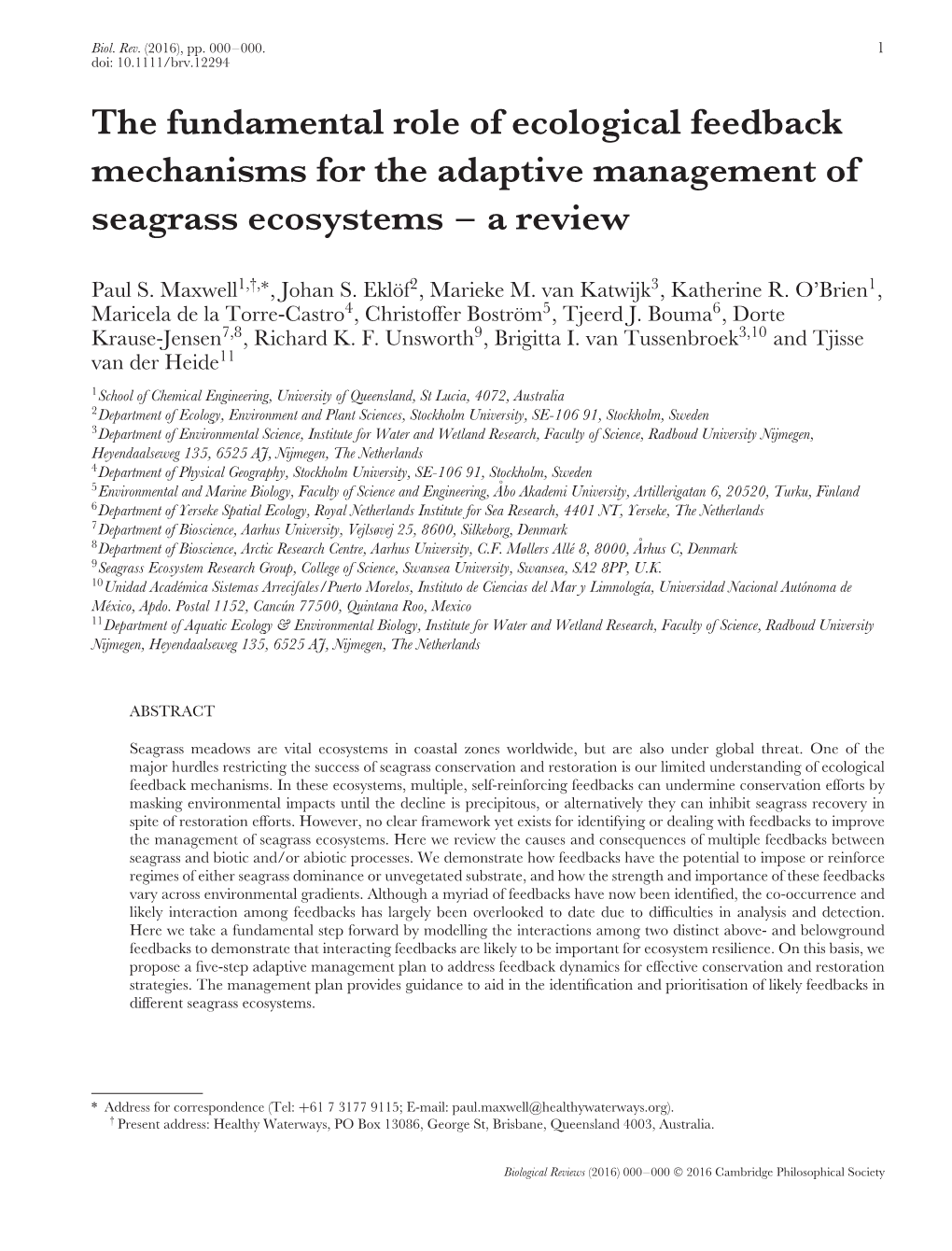 The Fundamental Role of Ecological Feedback Mechanisms for the Adaptive Management of Seagrass Ecosystems – a Review