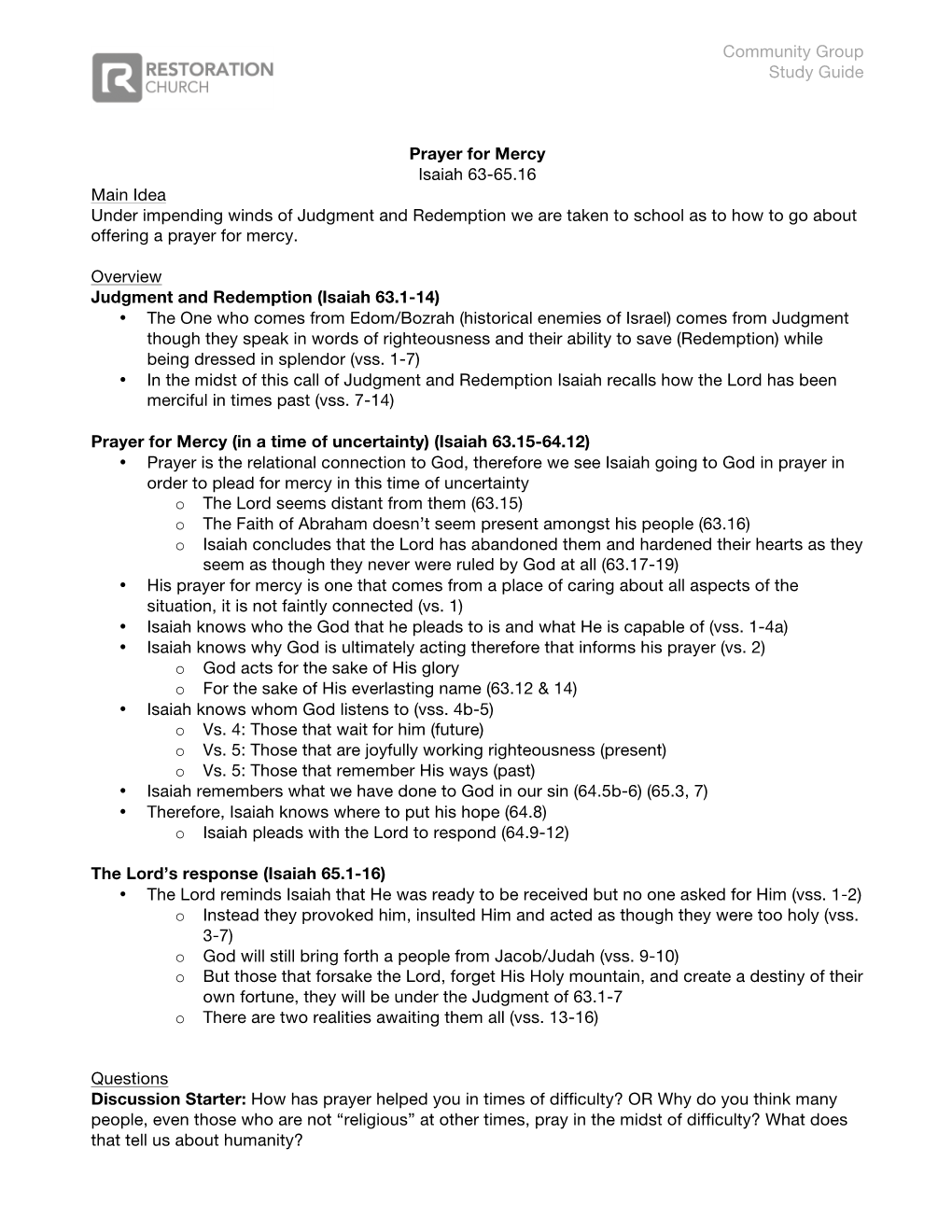 Community Group Study Guide Prayer for Mercy Isaiah 63-65.16 Main