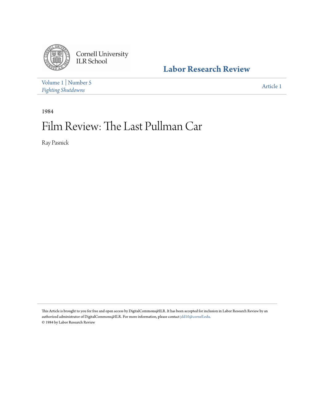 Film Review: the Last Pullman Car Ray Pasnick