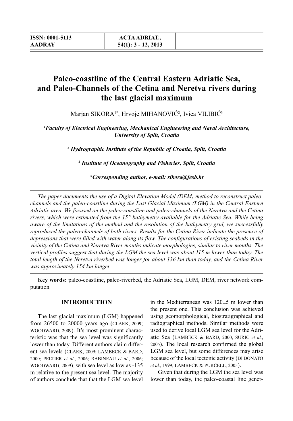 Paleo-Coastline of the Central Eastern Adriatic Sea, and Paleo-Channels of the Cetina and Neretva Rivers During the Last Glacial Maximum