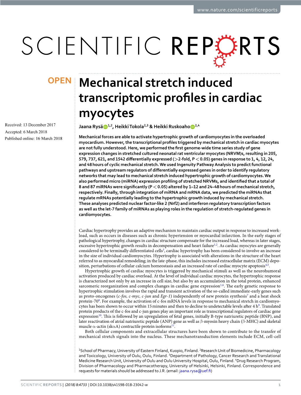 Mechanical Stretch Induced Transcriptomic Profiles in Cardiac Myocytes