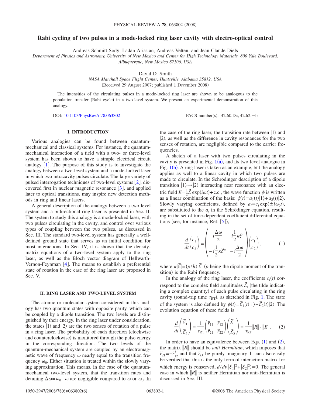 Rabi Cycling of Two Pulses in a Mode-Locked Ring Laser Cavity with Electro-Optical Control