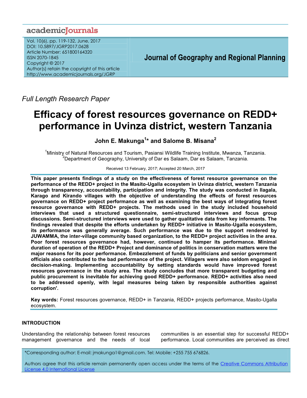 Efficacy of Forest Resources Governance on REDD+ Performance in Uvinza District, Western Tanzania