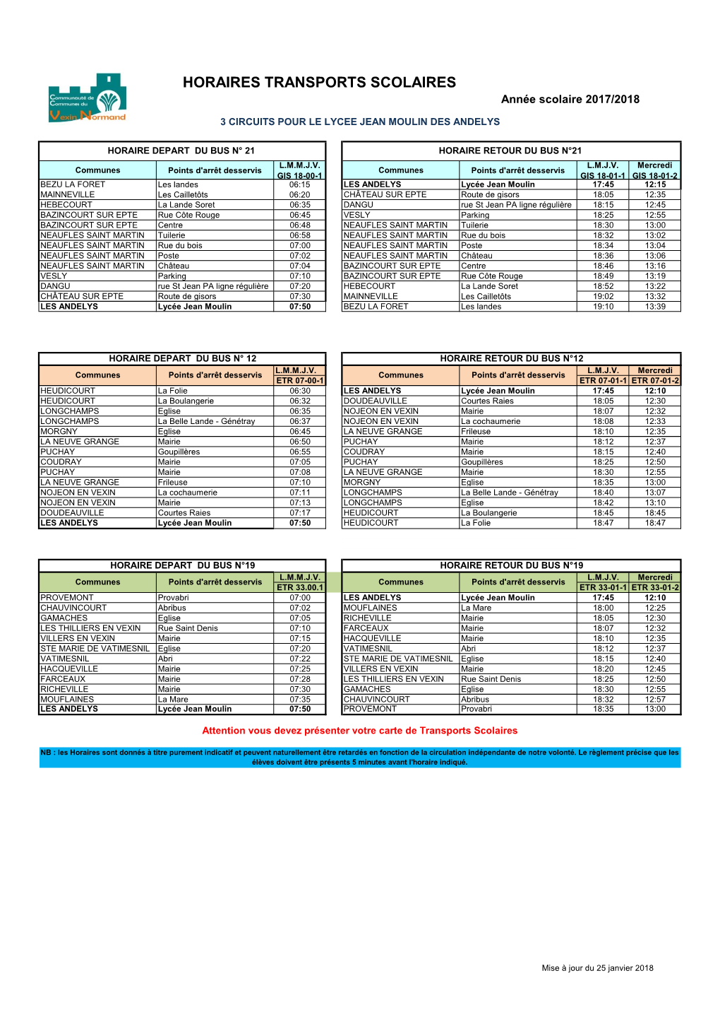 HORAIRES TRANSPORTS SCOLAIRES Année Scolaire 2017/2018