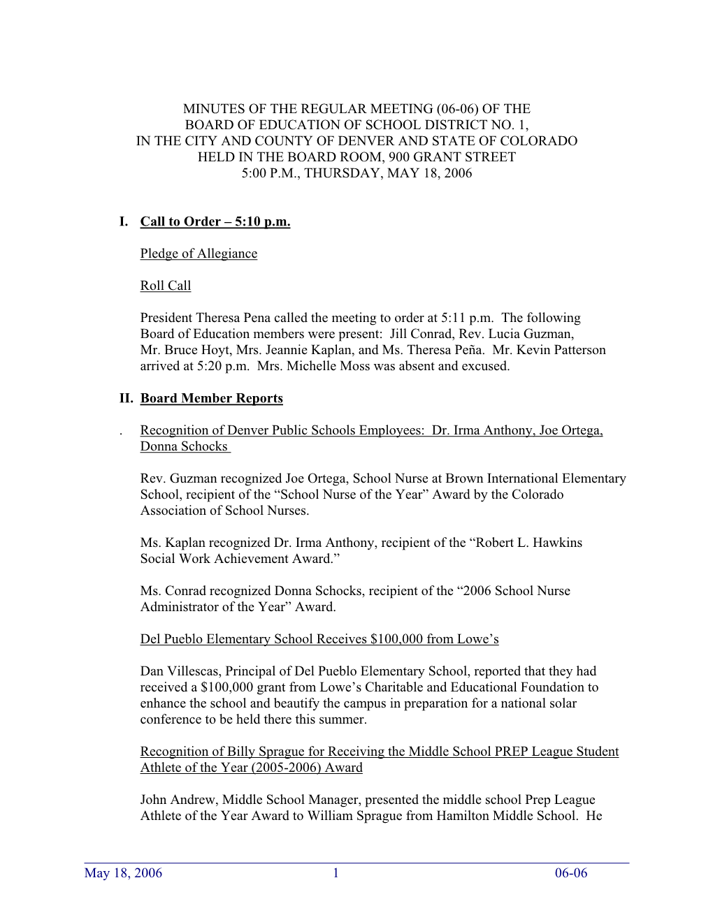 Minutes of the Regular Meeting (06-06) of the Board of Education of School District No