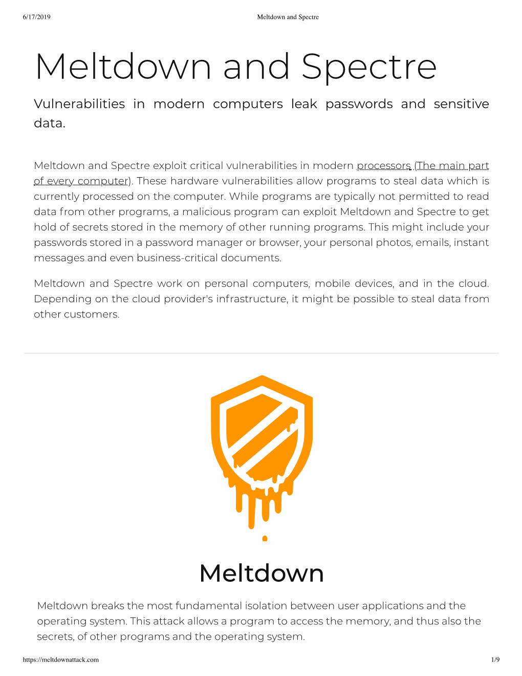 Meltdown and Spectre Meltdown and Spectre Vulnerabilities in Modern Computers Leak Passwords and Sensitive Data