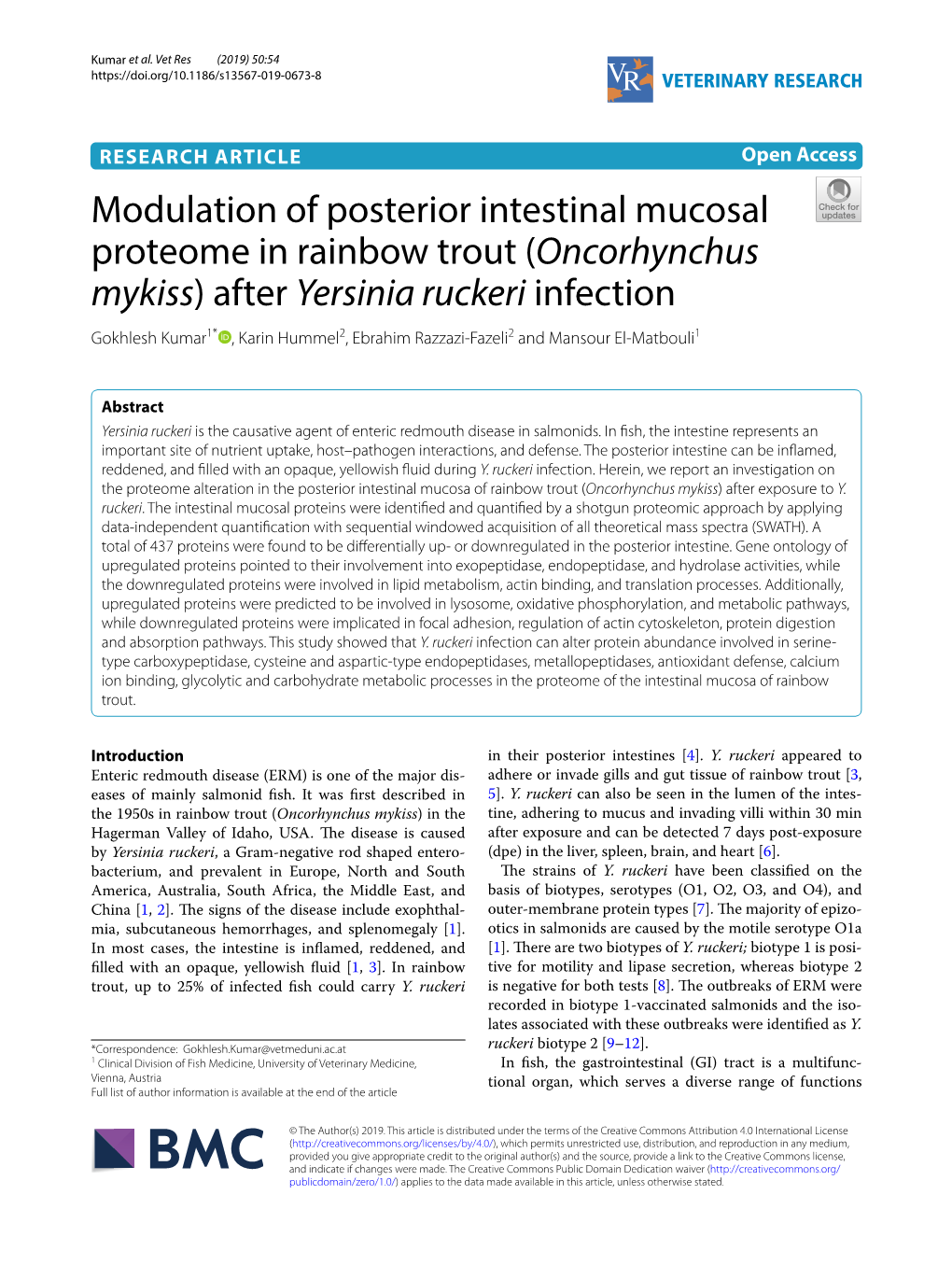 Oncorhynchus Mykiss) After Yersinia Ruckeri Infection Gokhlesh Kumar1* , Karin Hummel2, Ebrahim Razzazi‑Fazeli2 and Mansour El‑Matbouli1