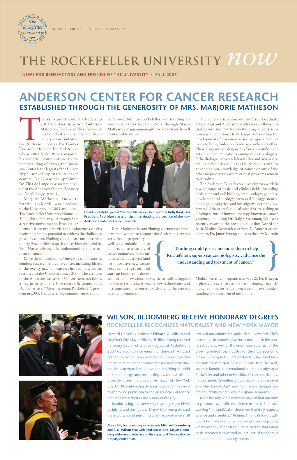Anderson Center for Cancer Research Established Through the Generosity of Mrs