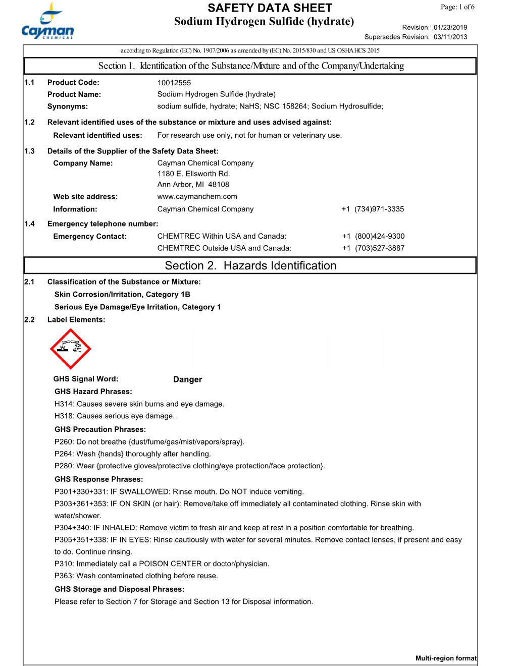 Sodium Hydrogen Sulfide (Hydrate) Revision: 01/23/2019 Supersedes Revision: 03/11/2013