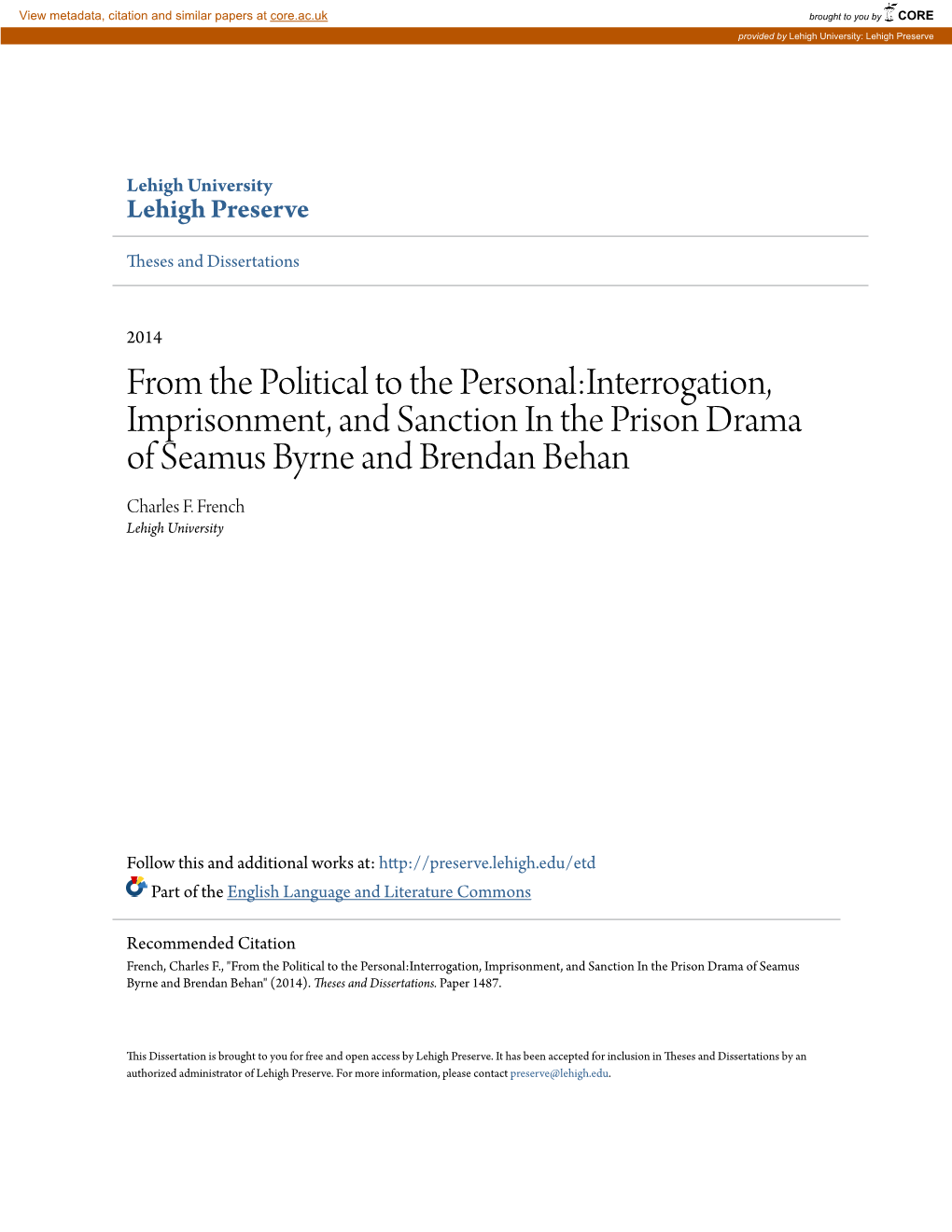 From the Political to the Personal:Interrogation, Imprisonment, and Sanction in the Prison Drama of Seamus Byrne and Brendan Behan Charles F