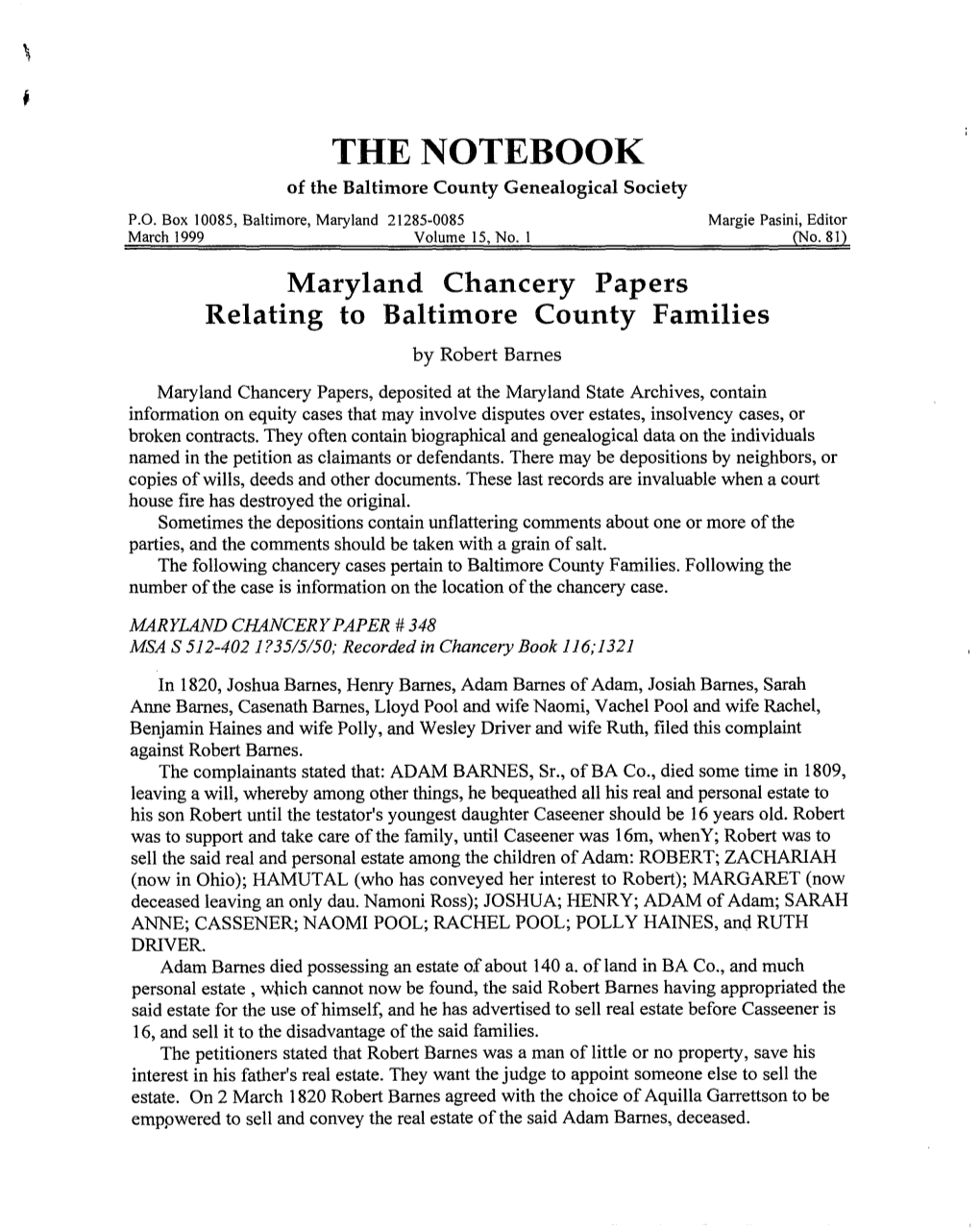 THE NOTEBOOK of the Baltimore County Genealogical Society P.O