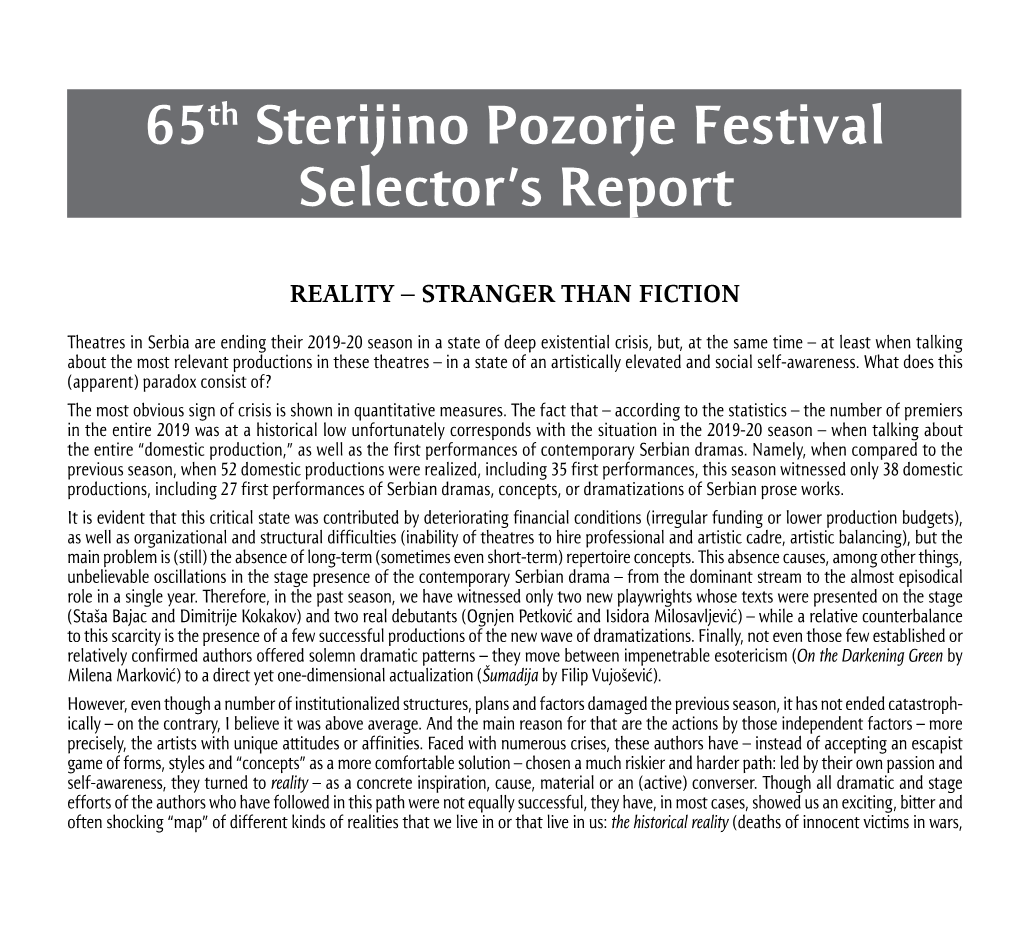 65Th Sterijino Pozorje Festival Selector's Report