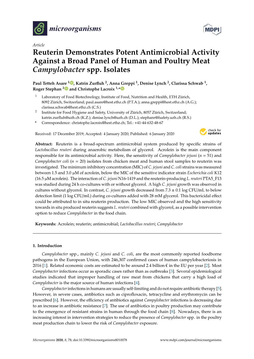 Reuterin Demonstrates Potent Antimicrobial Activity Against a Broad Panel of Human and Poultry Meat Campylobacter Spp. Isolates