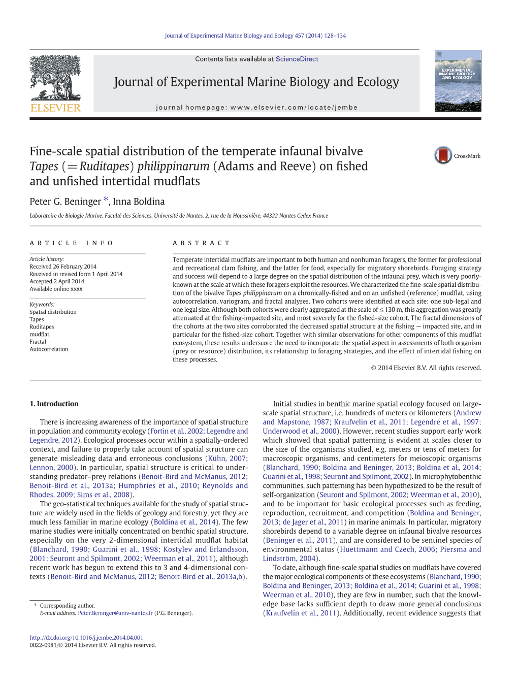 Fine-Scale Spatial Distribution of the Temperate Infaunal Bivalve Tapes (=Ruditapes) Philippinarum (Adams and Reeve) on ﬁshed and Unﬁshed Intertidal Mudﬂats