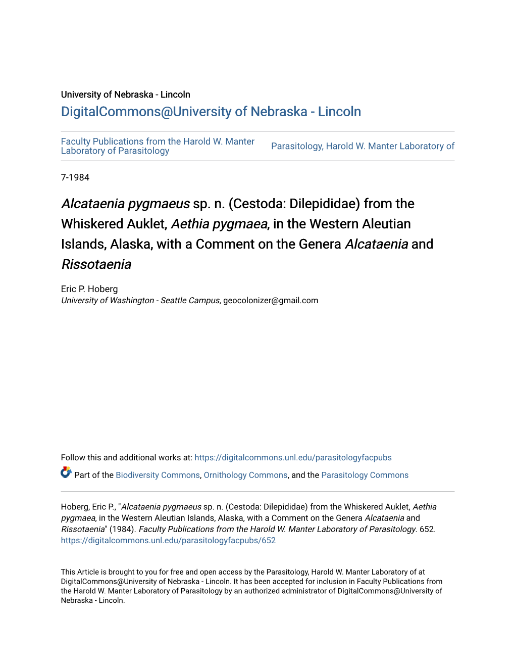 Cestoda: Dilepididae) from the Whiskered Auklet, Aethia Pygmaea, in the Western Aleutian Islands, Alaska, with a Comment on the Genera Alcataenia and Rissotaenia