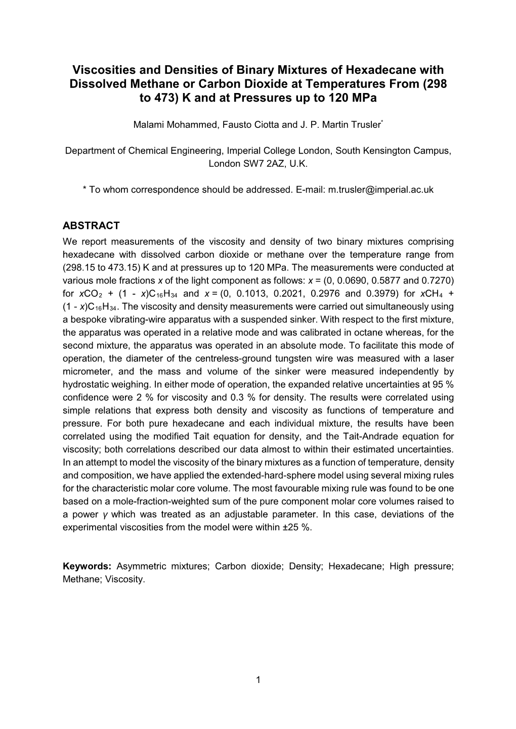 Viscosities and Densities of Binary Mixtures of Hexadecane With