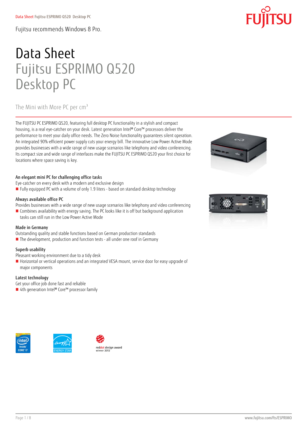 Data Sheet Fujitsu ESPRIMO Q520 Desktop PC