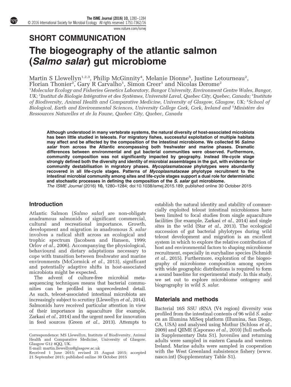 The Biogeography of the Atlantic Salmon (Salmo Salar) Gut Microbiome