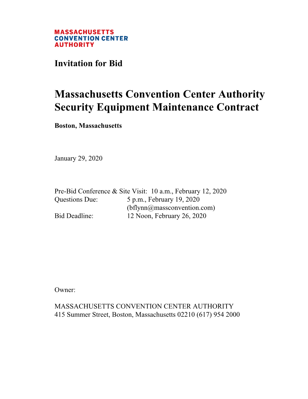 Massachusetts Convention Center Authority Security Equipment Maintenance Contract