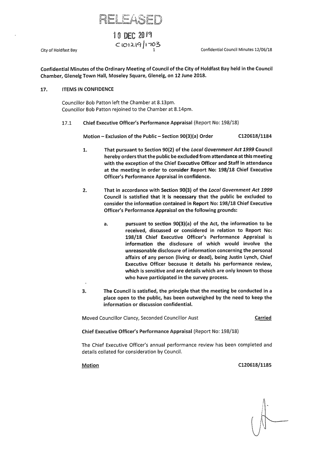 10 DEC 20N Ctoi2 Ictini3 City Ofholdfast Bay Confidential Council Minutes 12/06/18