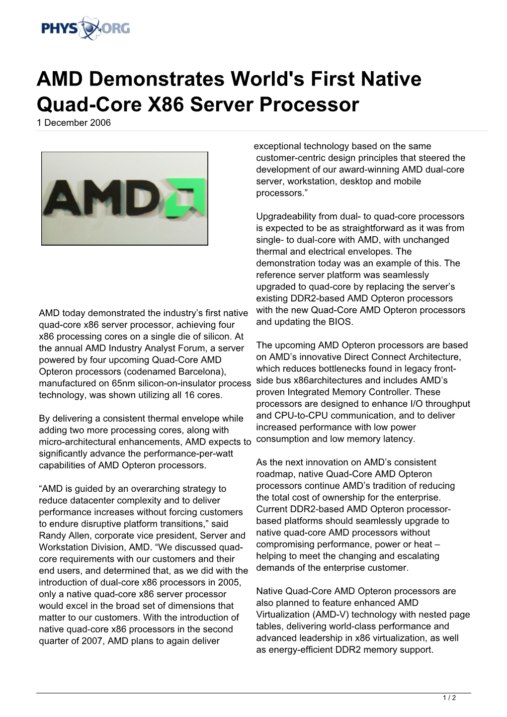 AMD Demonstrates World's First Native Quad-Core X86 Server Processor 1 December 2006