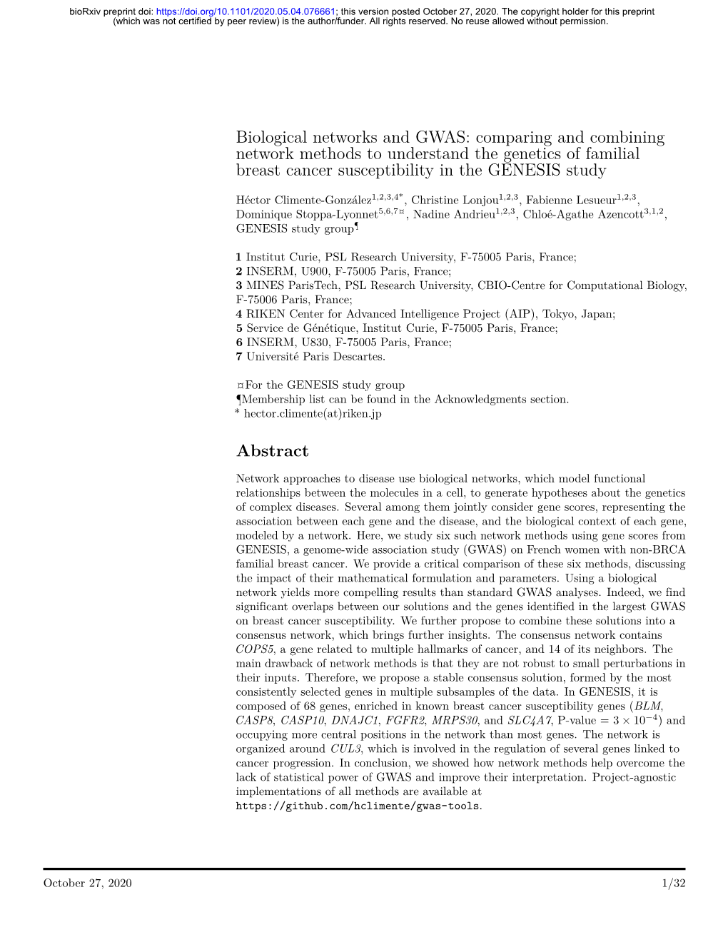 Biological Networks and GWAS: Comparing and Combining Network Methods to Understand the Genetics of Familial Breast Cancer Susceptibility in the GENESIS Study