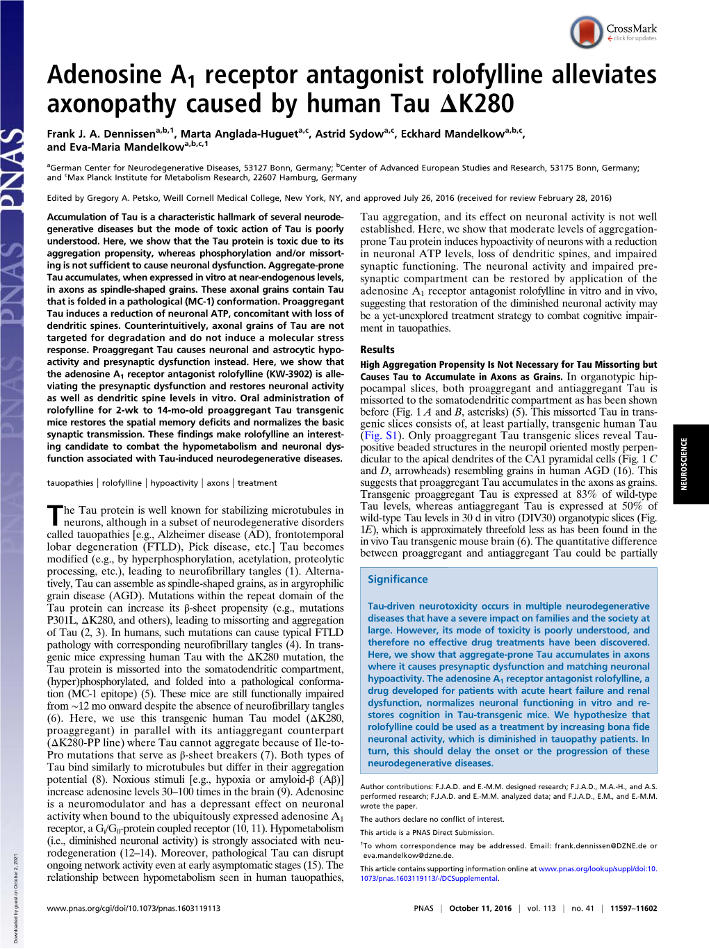 Adenosine A1 Receptor Antagonist Rolofylline Alleviates Axonopathy Caused by Human Tau ΔK280