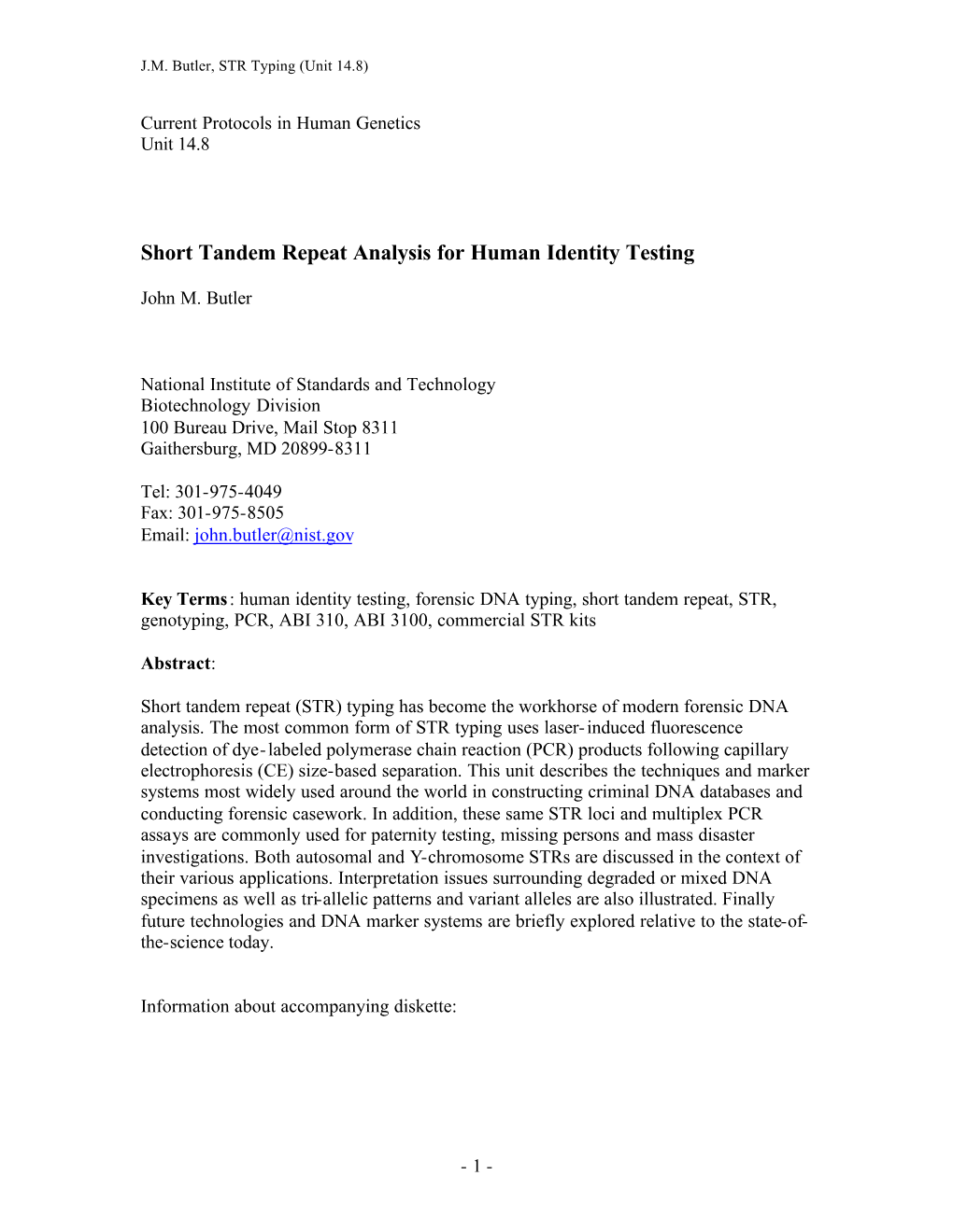 Short Tandem Repeat Analysis for Human Identity Testing