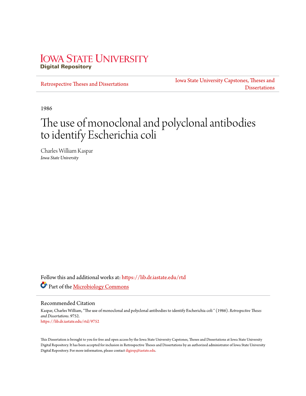 The Use of Monoclonal and Polyclonal Antibodies to Identify Escherichia Coli " (1986)