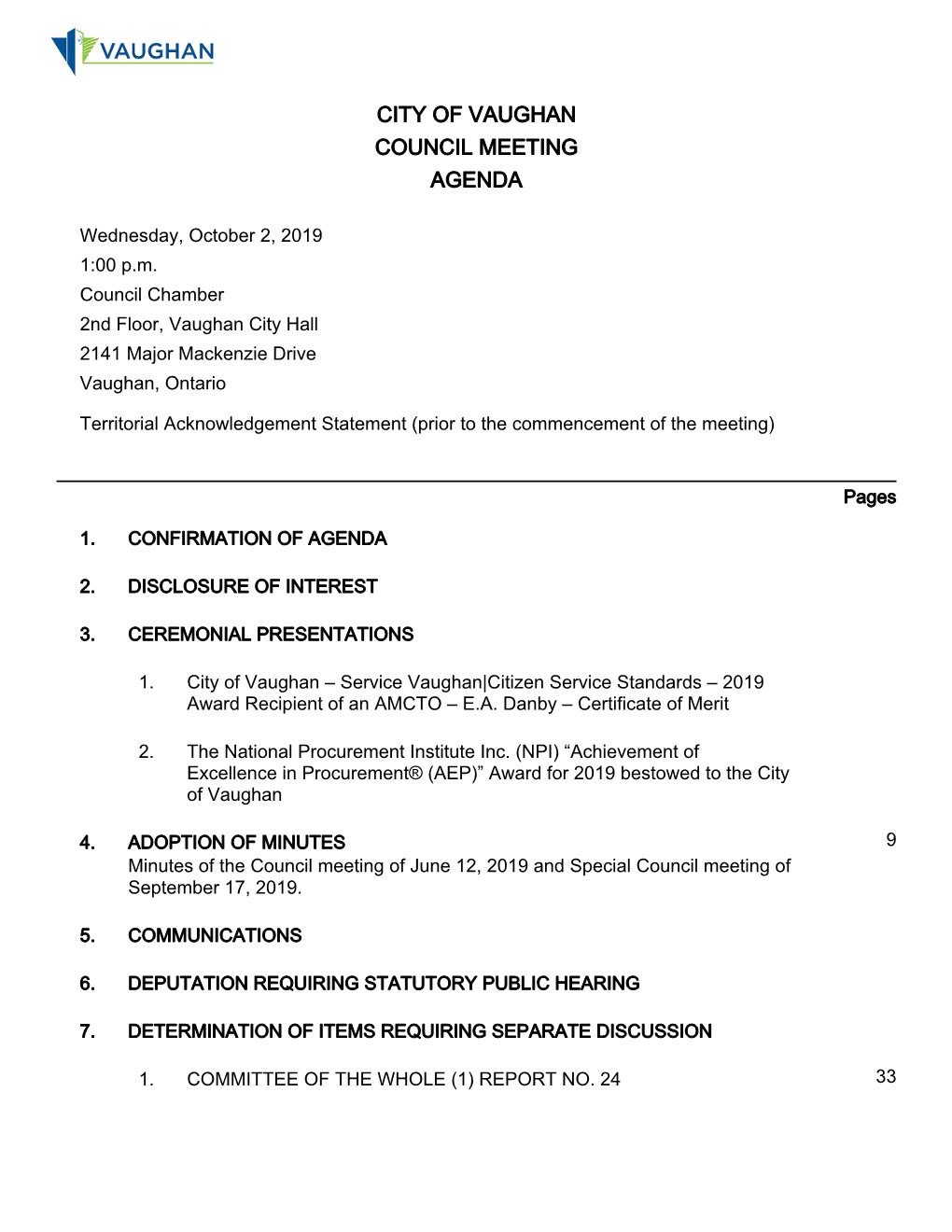 City of Vaughan Council Meeting Agenda