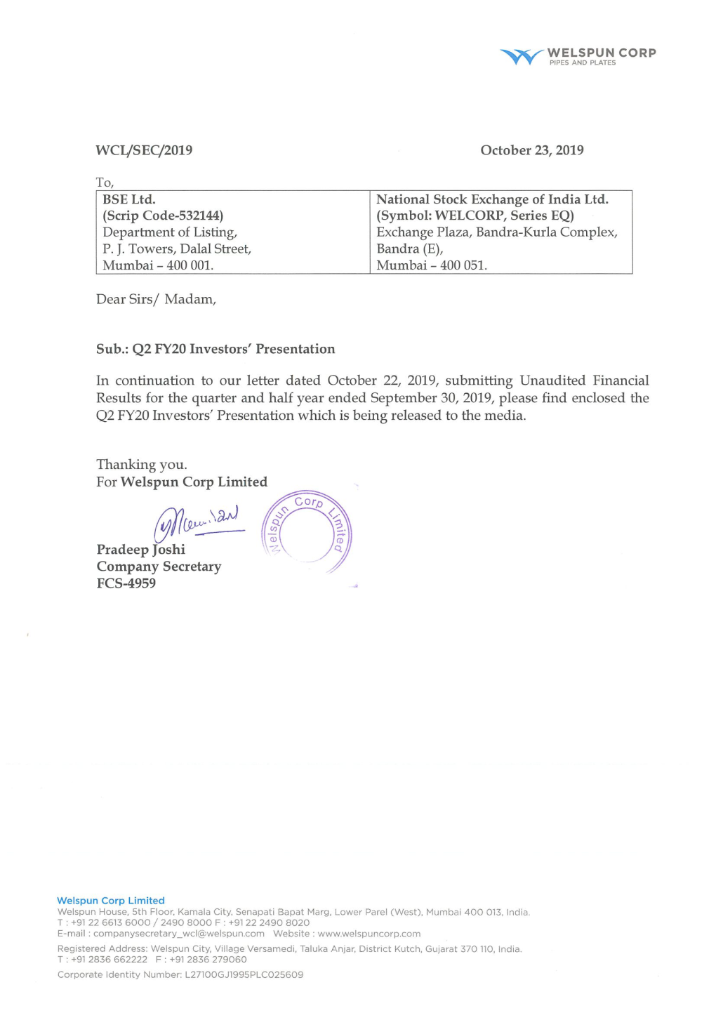 WCL Investor Presentation Q2 FY20