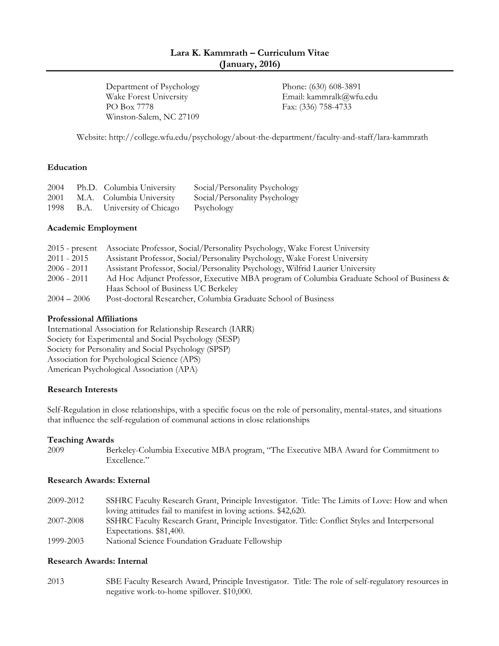 Lara K. Kammrath – Curriculum Vitae (January, 2016)