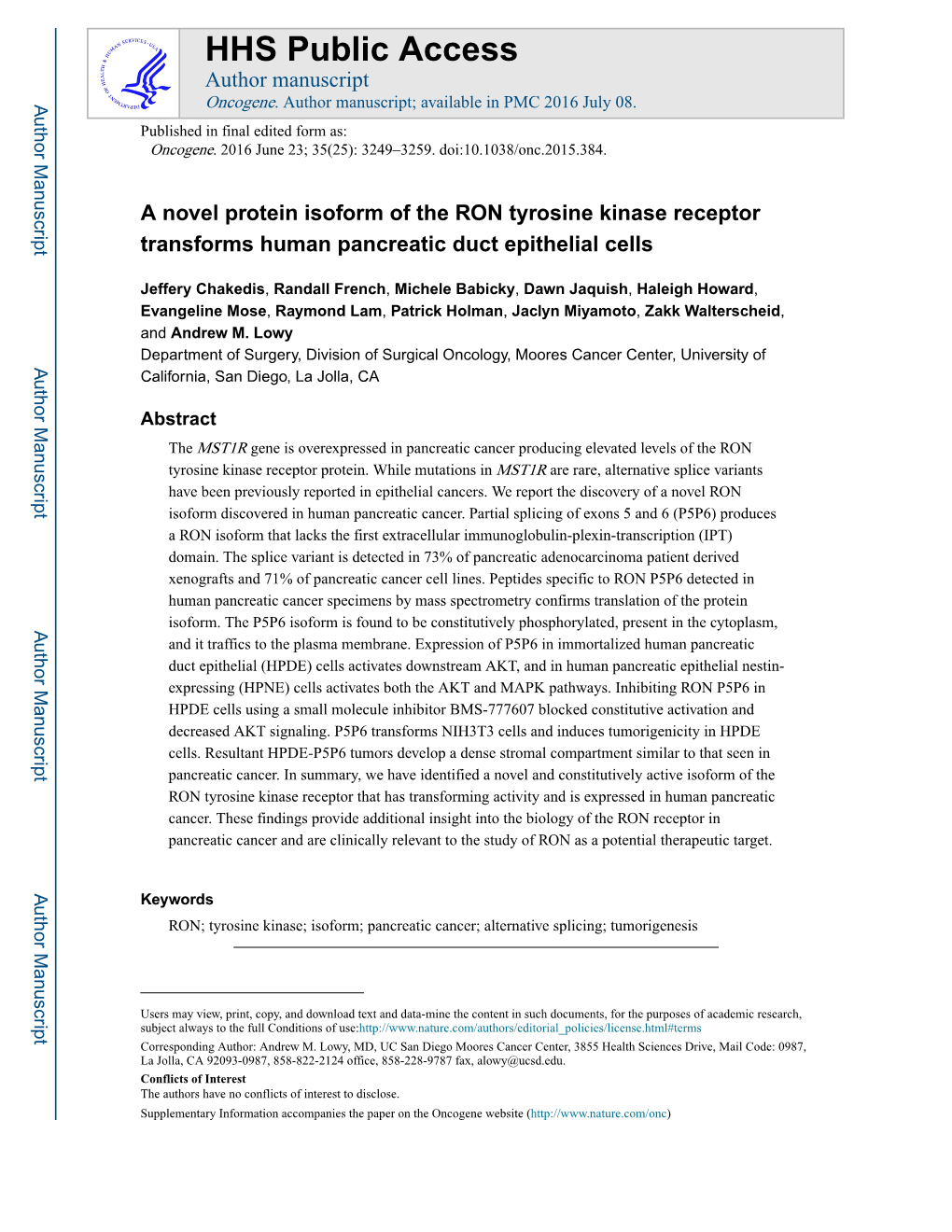 A Novel Protein Isoform of the RON Tyrosine Kinase Receptor Transforms Human Pancreatic Duct Epithelial Cells