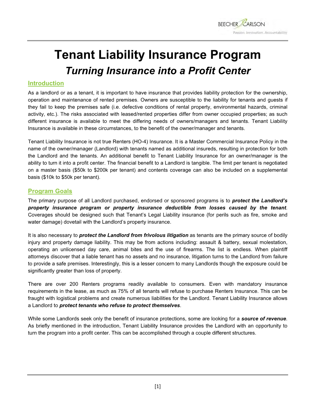 Tenant Liability Insurance Program