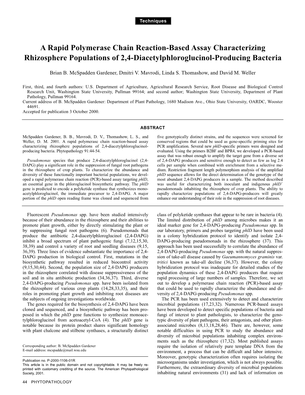 A Rapid Polymerase Chain Reaction-Based Assay Characterizing Rhizosphere Populations of 2,4-Diacetylphloroglucinol-Producing Bacteria