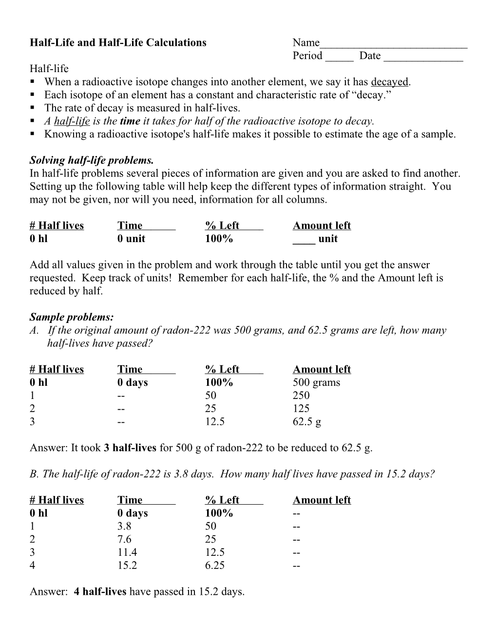 Half-Life and Half-Life Calculations