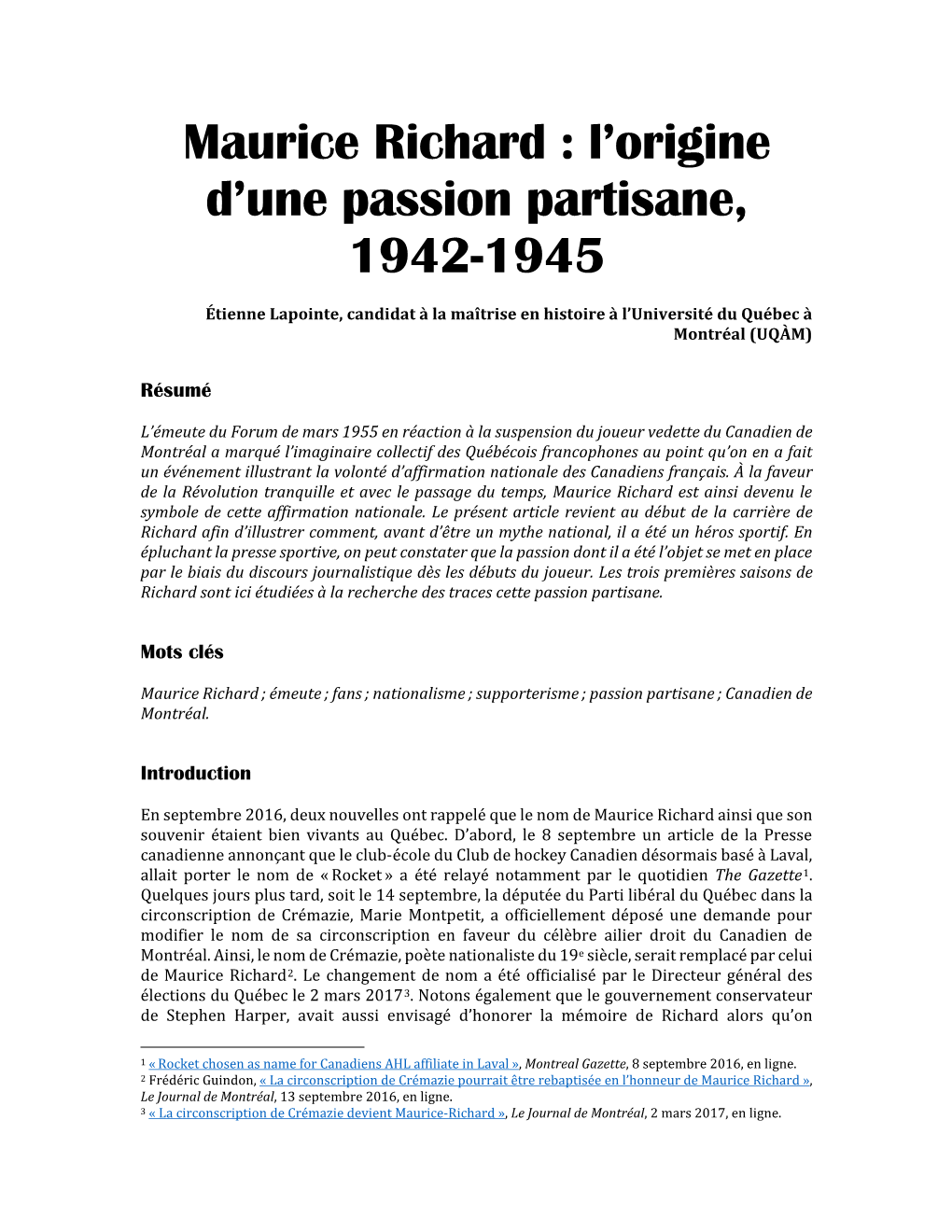 Maurice Richard : L’Origine D’Une Passion Partisane, 1942-1945