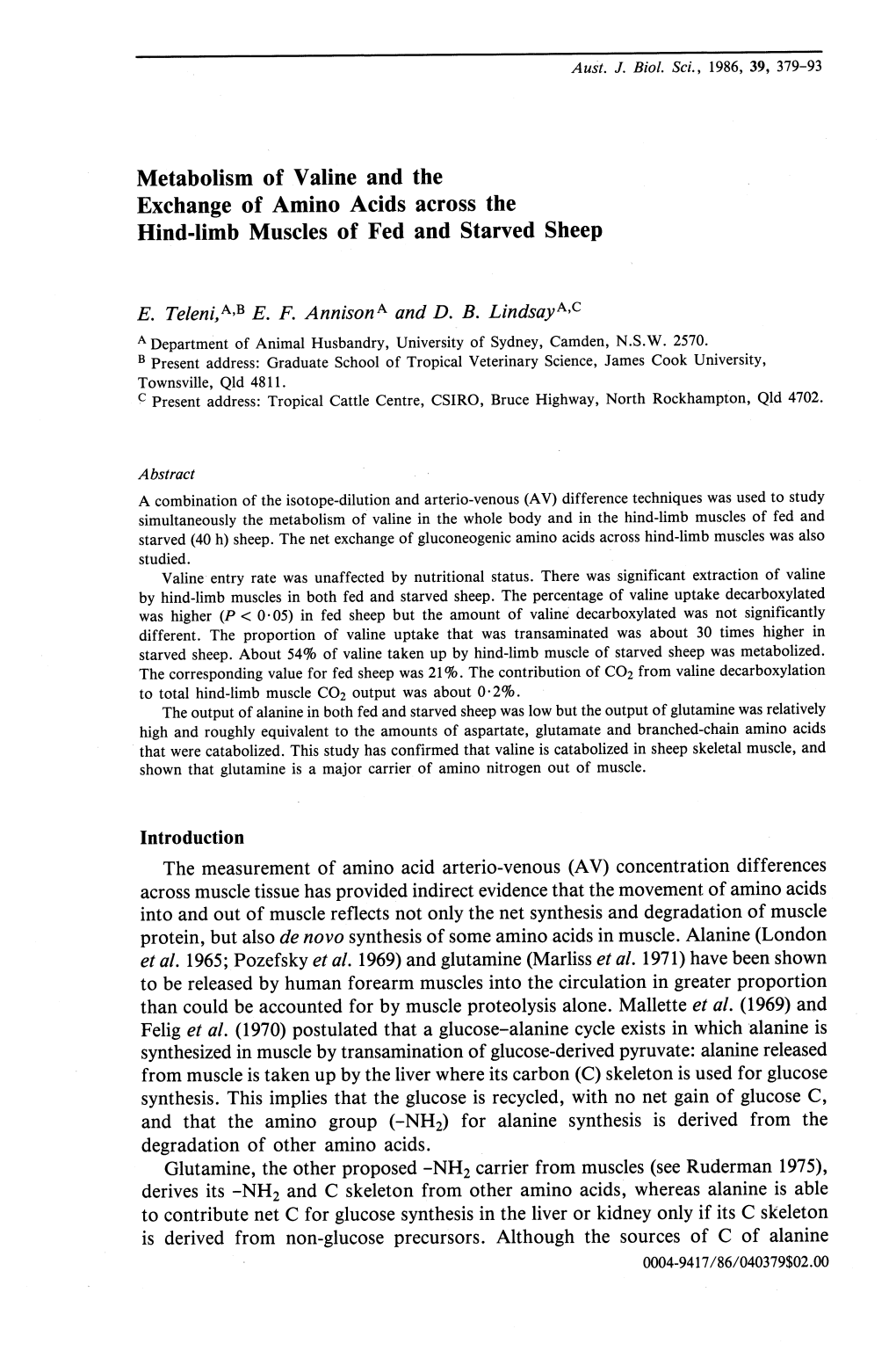 Metabolism of Valine and the Exchange of Amino Acids Across the Hind-Limb Muscles of Fed and Starved Sheep