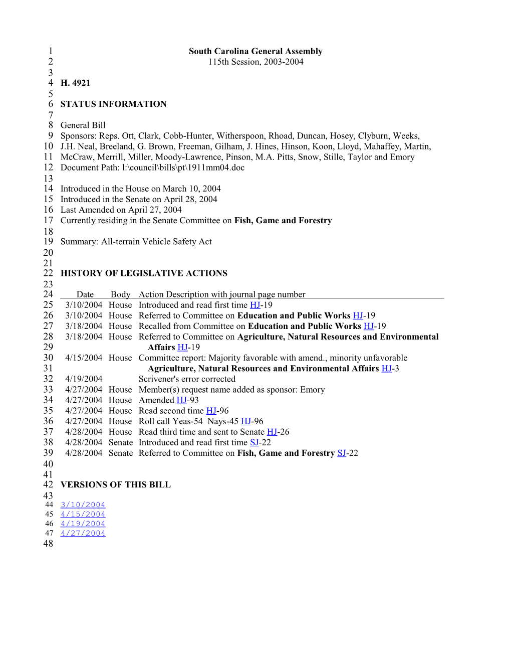 2003-2004 Bill 4921: All-Terrain Vehicle Safety Act - South Carolina Legislature Online