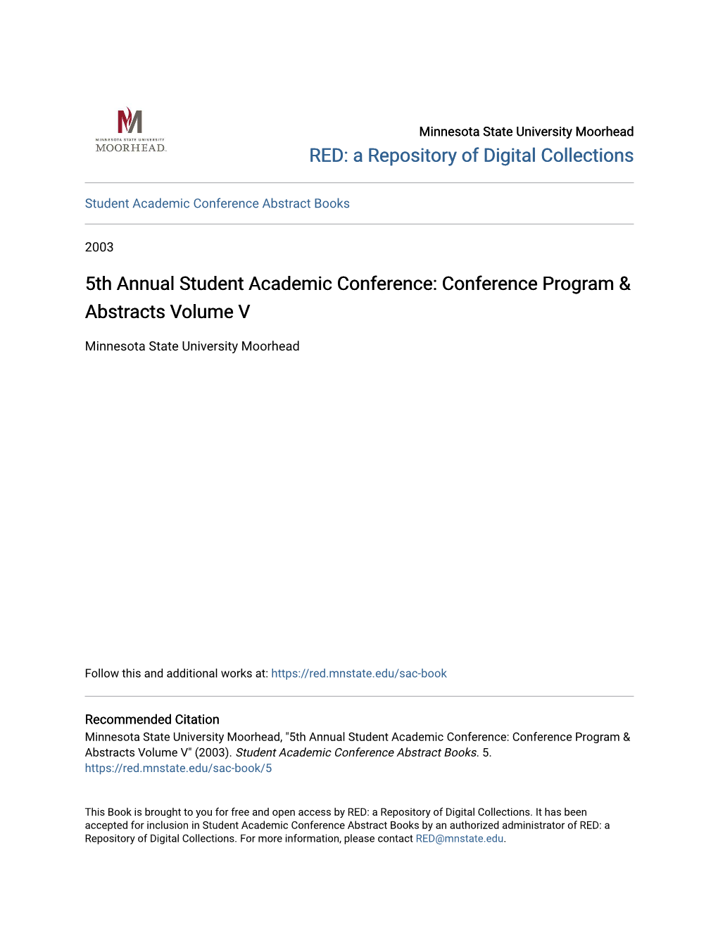 5Th Annual Student Academic Conference: Conference Program & Abstracts Volume V