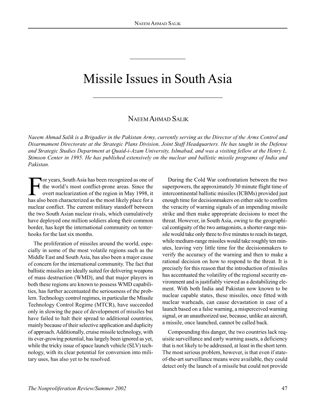 Missile Issues in South Asia